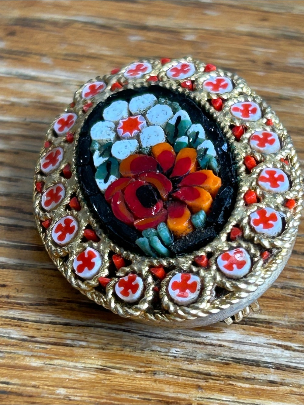 Vintage Floral Micro-Mosaic Brooch - Red, Orange, Green & White